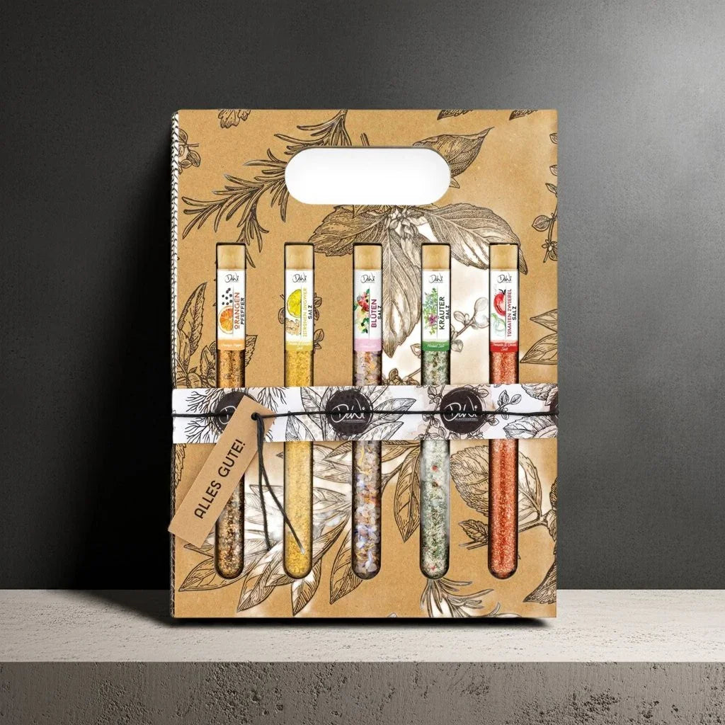 5er Geschenkset-Alles Gute Orangen Pfeffer, Orangen Salz, Blüten Salz, Kräuter - feinkostgourmet