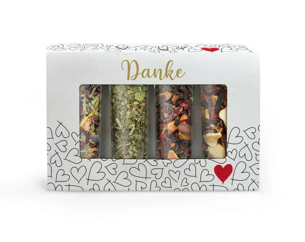 „Danke – mit Beste-Laune-Kräuterteemischung, Kräuterteemischung und Erdbeer-Orange-Früchteteemischung“ von FeinkostGourmet.de: - feinkostgourmet