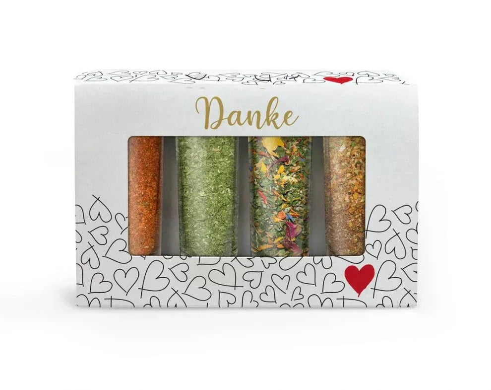 Geschenkbox mit vier Gewürzmischungen, Herzmuster und Aufschrift 'Danke' von feinkostgourmet