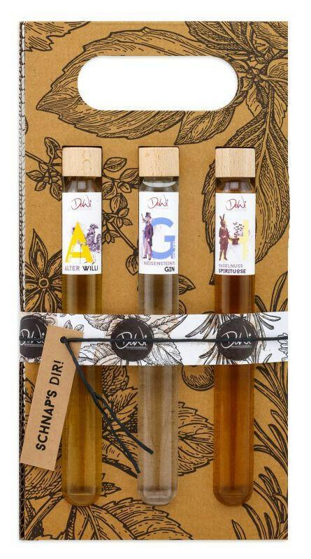 Geschenkset mit drei Schnaps-Probierfläschchen im Karton, Feinkostgourmet Delikatessen