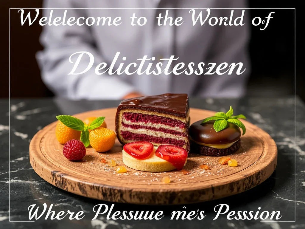 Feinkostgourmet Dessertteller mit Schokoladenkuchen, Praline, frischen Beeren auf Holzplatte