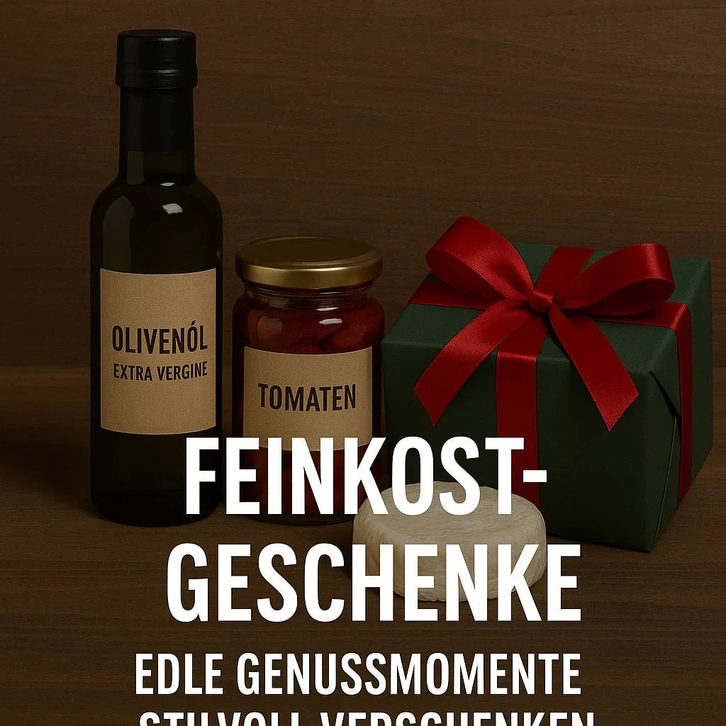 Feinkostgeschenke: Olivenöl, Tomaten im Glas und Geschenkbox mit roter Schleife vor Holz-Hintergrund