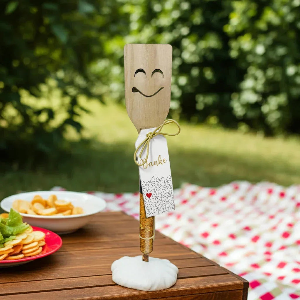Holzspatel mit Smiley-Gesicht und Danke-Anhänger, feinkostgourmet Geschenkidee, Picknick