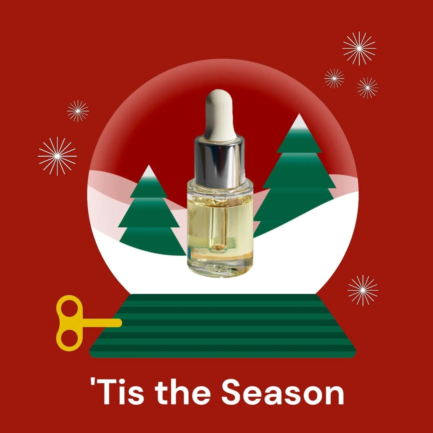 Geschenkidee zu Weihnachten: Pipettenflasche in Schneekugel mit Tannenbäumen, festlicher Hintergrund