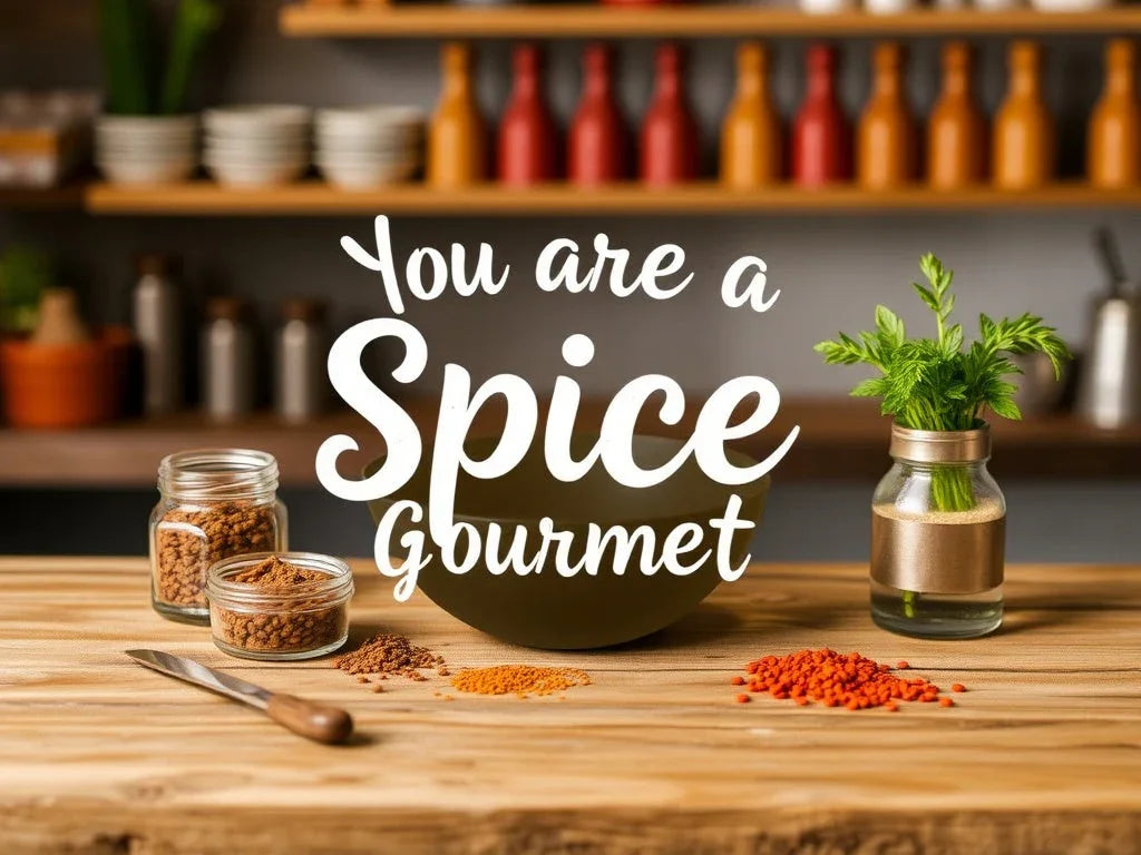 Verschiedene Gewürze in Gläsern und Kräuter auf Holztisch, Gourmet-Küche im Hintergrund