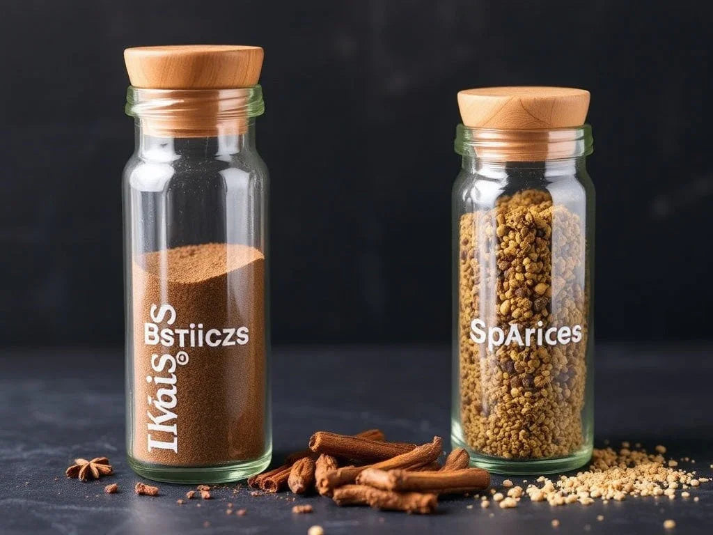 Gewürzgläser mit Holzdeckel, gefüllt mit gemahlenen Gewürzen, Zimtstangen und Sternanis, feinkostgourmet