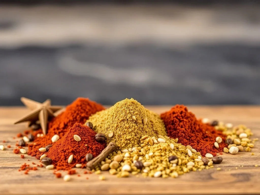 Bunte Gewürze und Körner auf Holz, Feinkostgourmet Delikatessen und Gourmet Gewürze