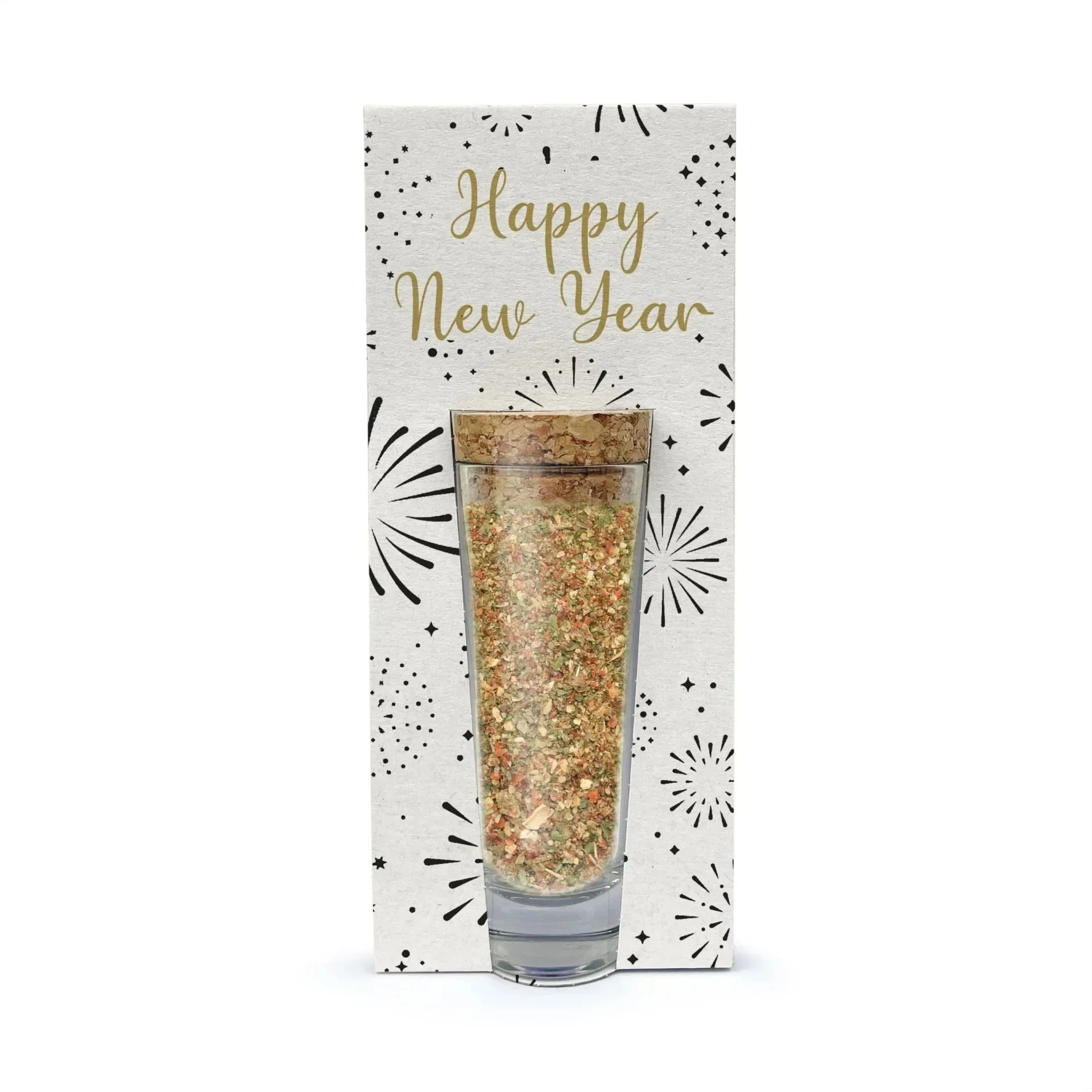 Gewürzmischung im Glas mit Korken, Geschenkverpackung Happy New Year, feinkostgourmet Delikatessen