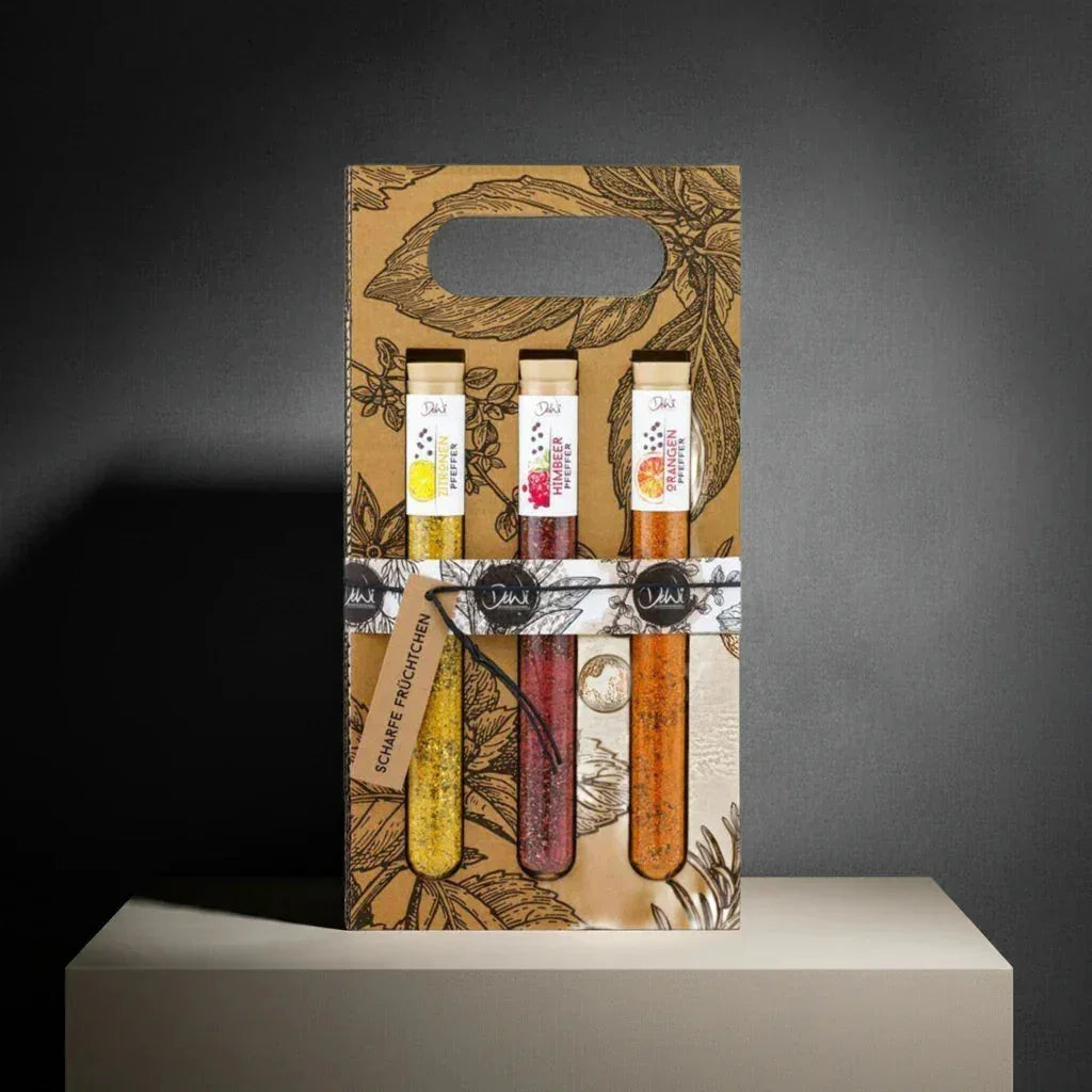 Geschenkset mit drei Gewürzmischungen im Reagenzglas, feinkostgourmet Präsentbox, Delikatessen