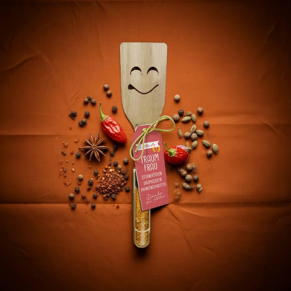Geschenkset mit Holz-Kochlöffel, Gewürzen, Chili, Sternanis und Etikett 'Traumfrau' auf braunem Hintergrund, feinkostgourmet Geschenkidee.