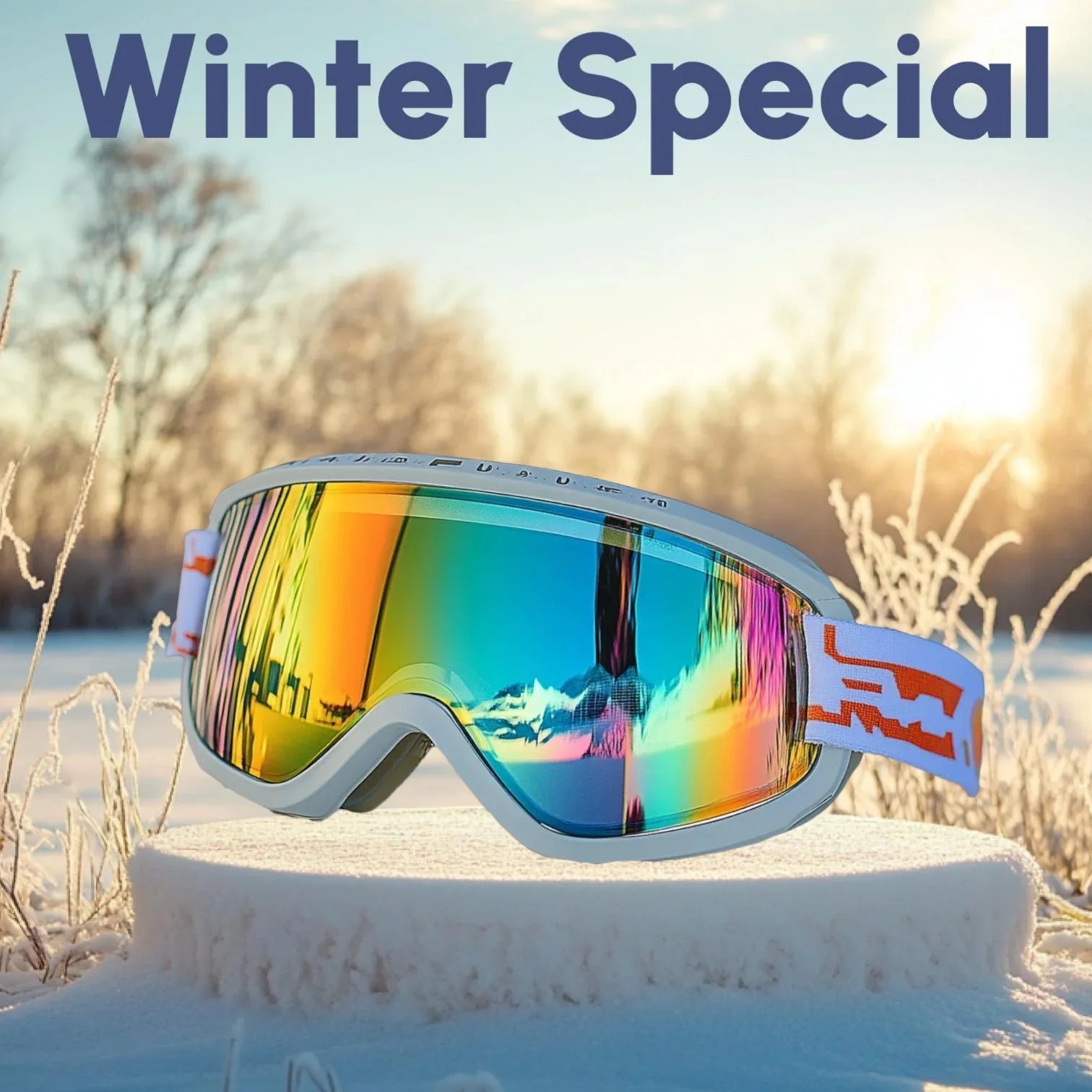 Bunte Skibrille auf Schnee im Winter, reflektierende Gläser, Sonnenaufgang, Winter Special Angebot