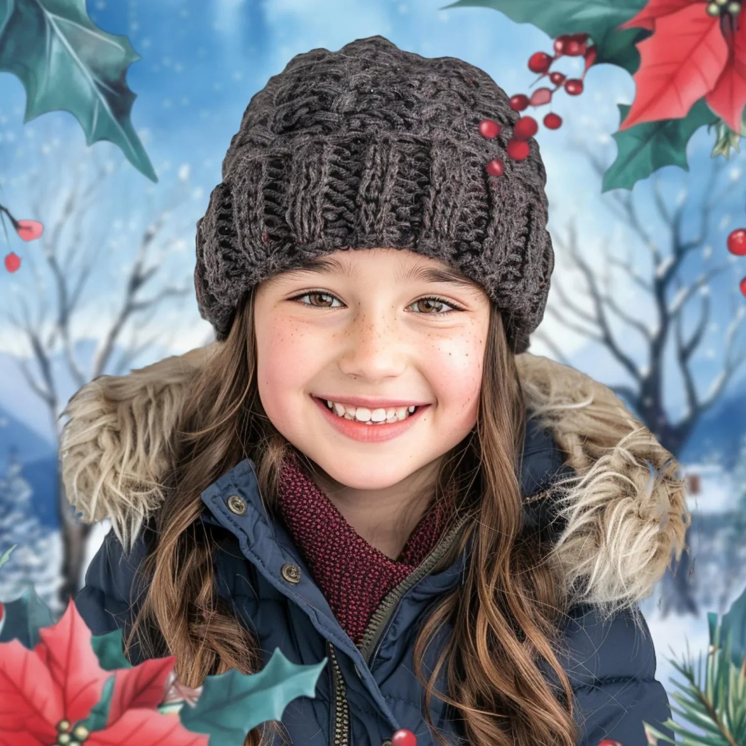 Lächelndes Kind mit Winterjacke und Strickmütze vor verschneitem, weihnachtlich dekoriertem Hintergrund