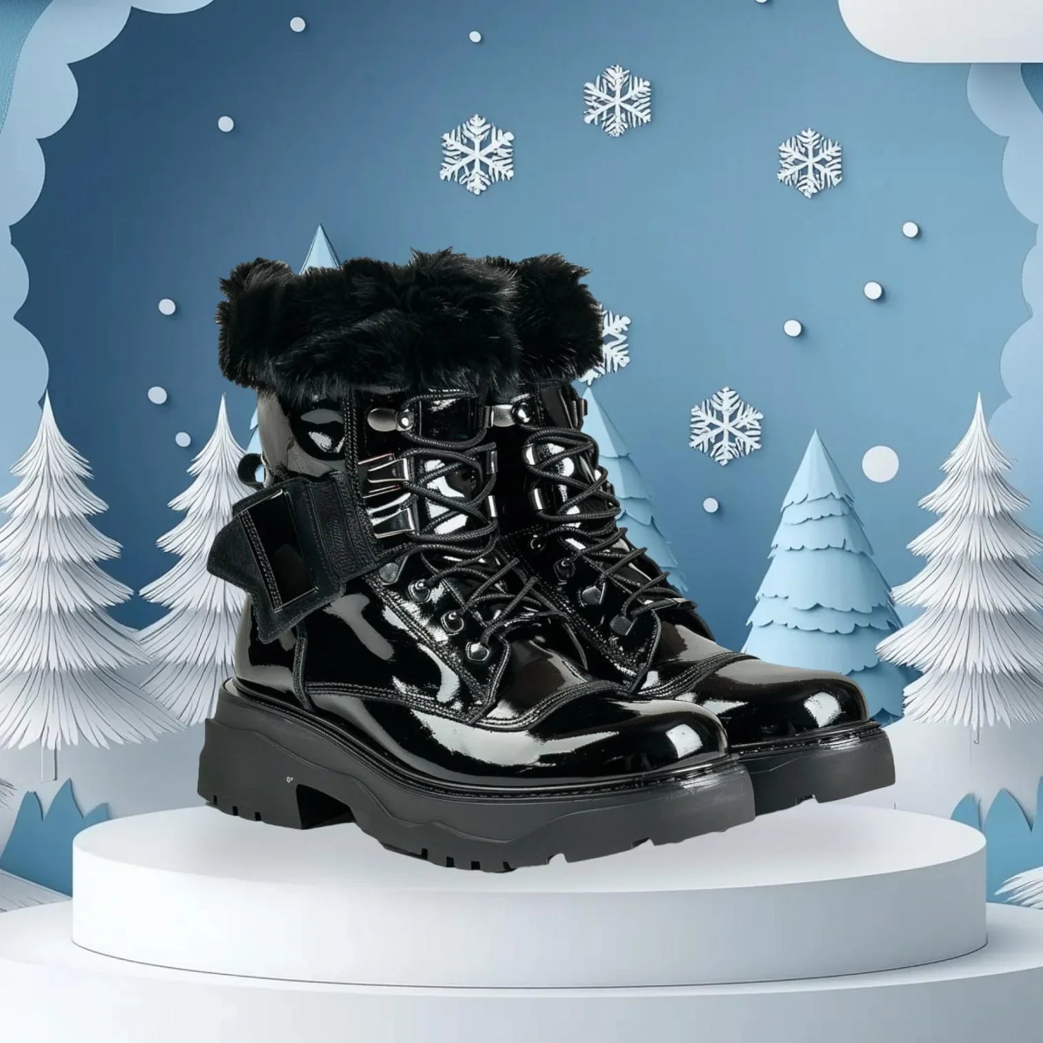 Schwarze Winterstiefel mit Kunstfellrand auf Podest, winterliche Schneeflocken und Tannen im Hintergrund