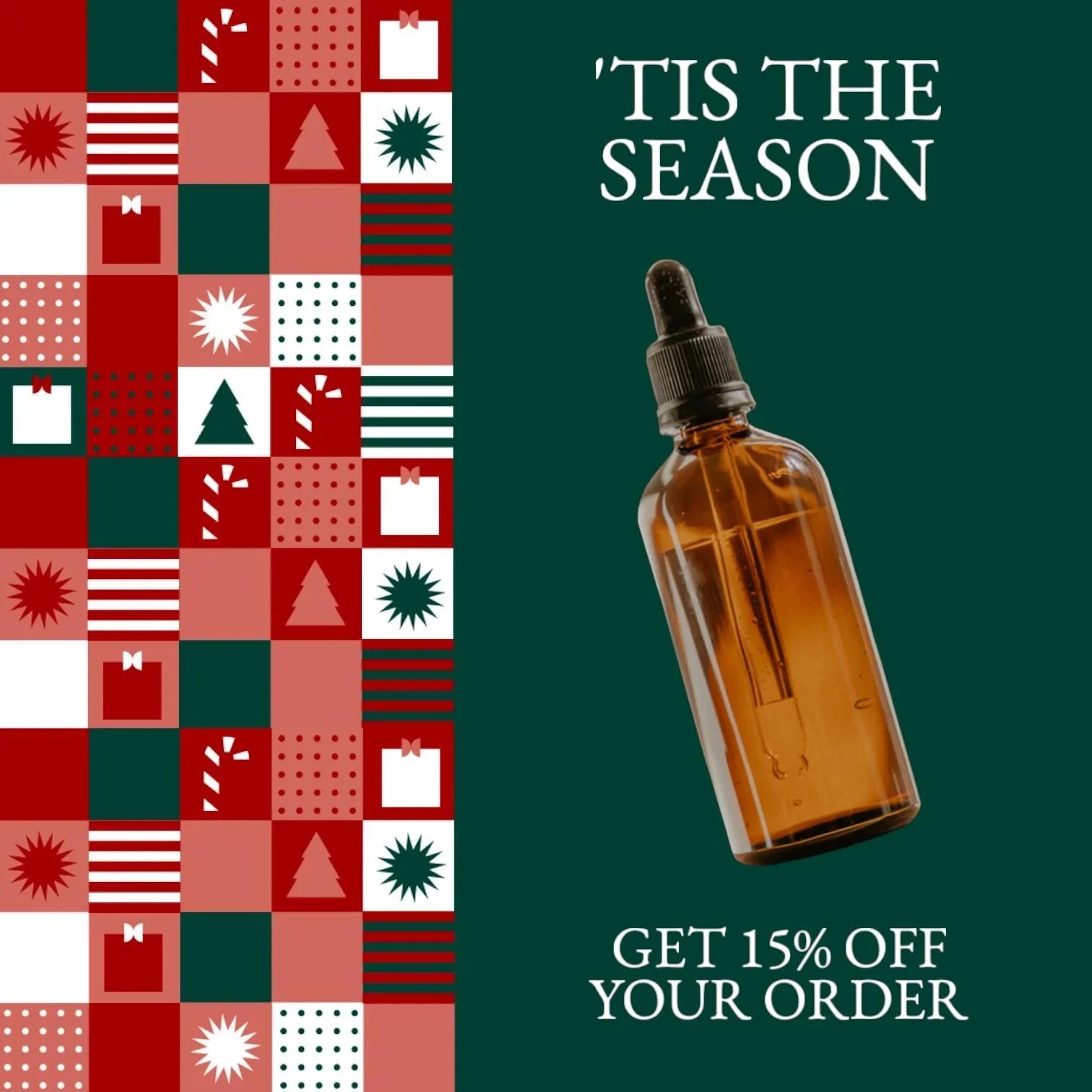 Braune Tropfflasche im Weihnachtsdesign mit Rabatttext, grüne und rote Feinkostgourmet Grafik