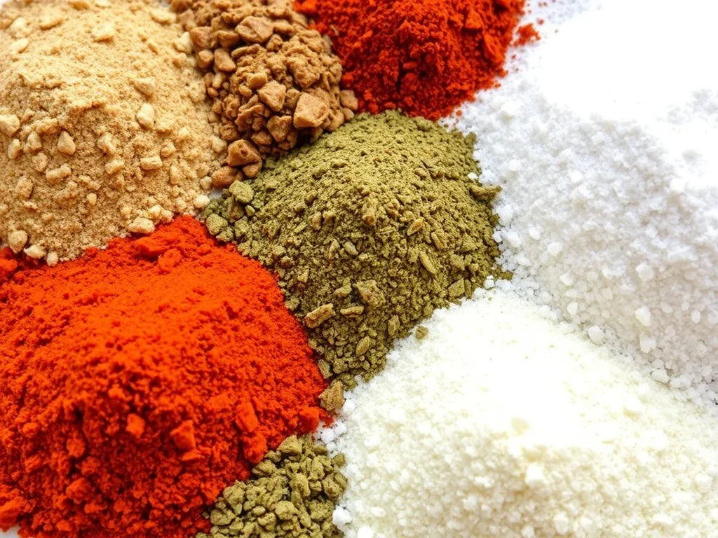 Verschiedene feine und grobe Gewürze und Salze, bunt angeordnet, feinkostgourmet