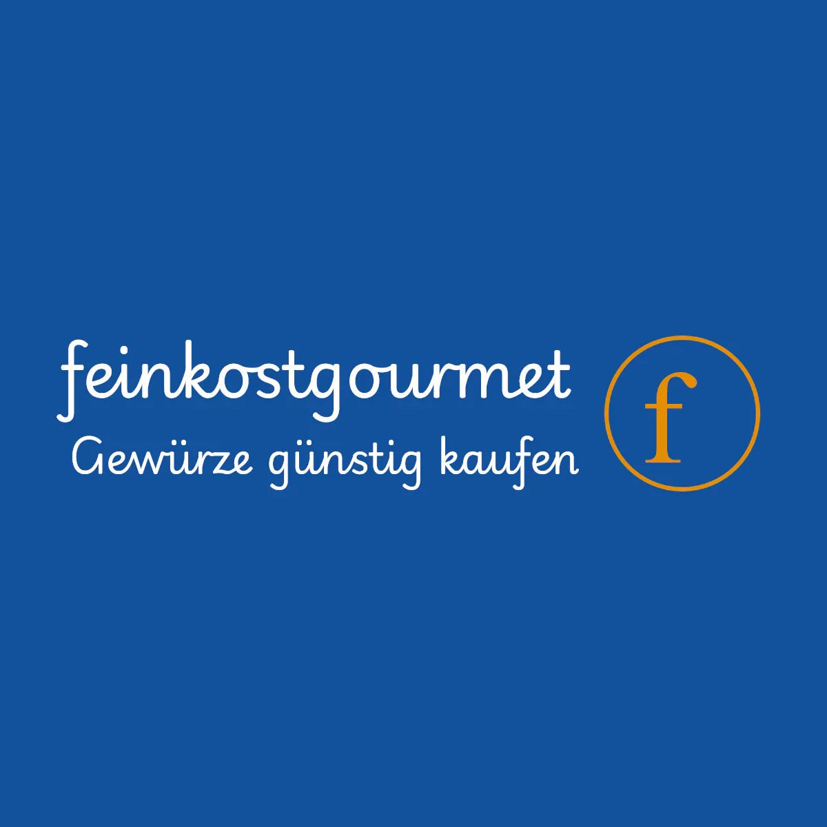 feinkostgourmet Logo auf blauem Hintergrund mit Slogan 'Gewürze günstig kaufen', gelber Kreis mit f.