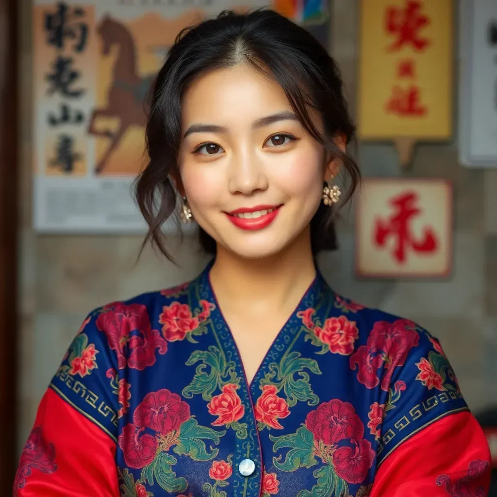 Lächelnde Frau im bunten, floralen Kimono vor asiatischer Wanddekoration, feinkostgourmet Ambiente