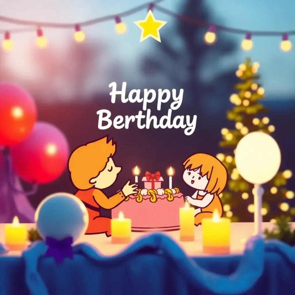 Geburtstagsfeier mit zwei Kindern, Kerzen, Ballons, Torte, Happy Birthday Schrift und dekorativem Hintergrund.