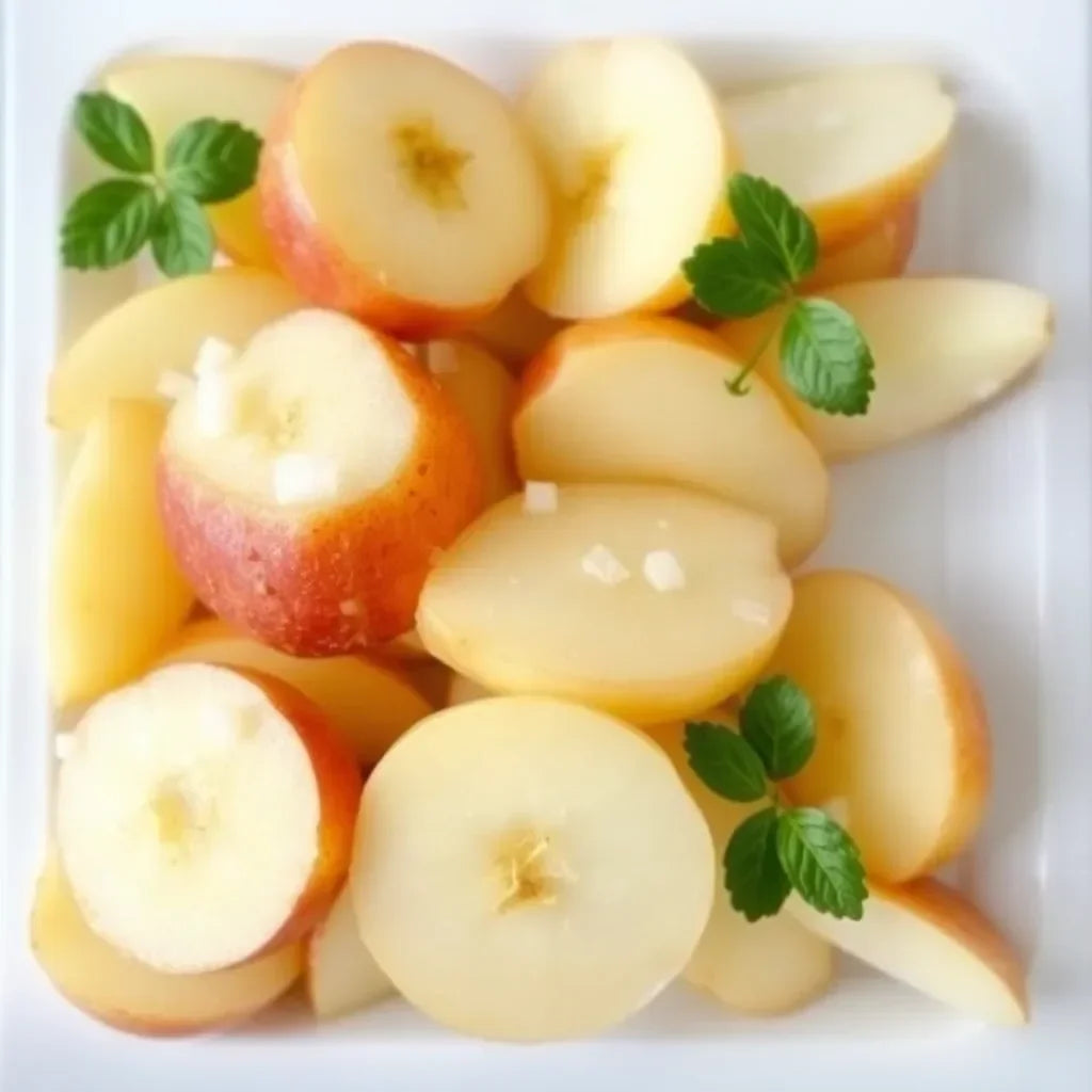 Frisch geschnittene Äpfel mit Minzblättern auf weißem Teller, Feinkost, Delikatesse