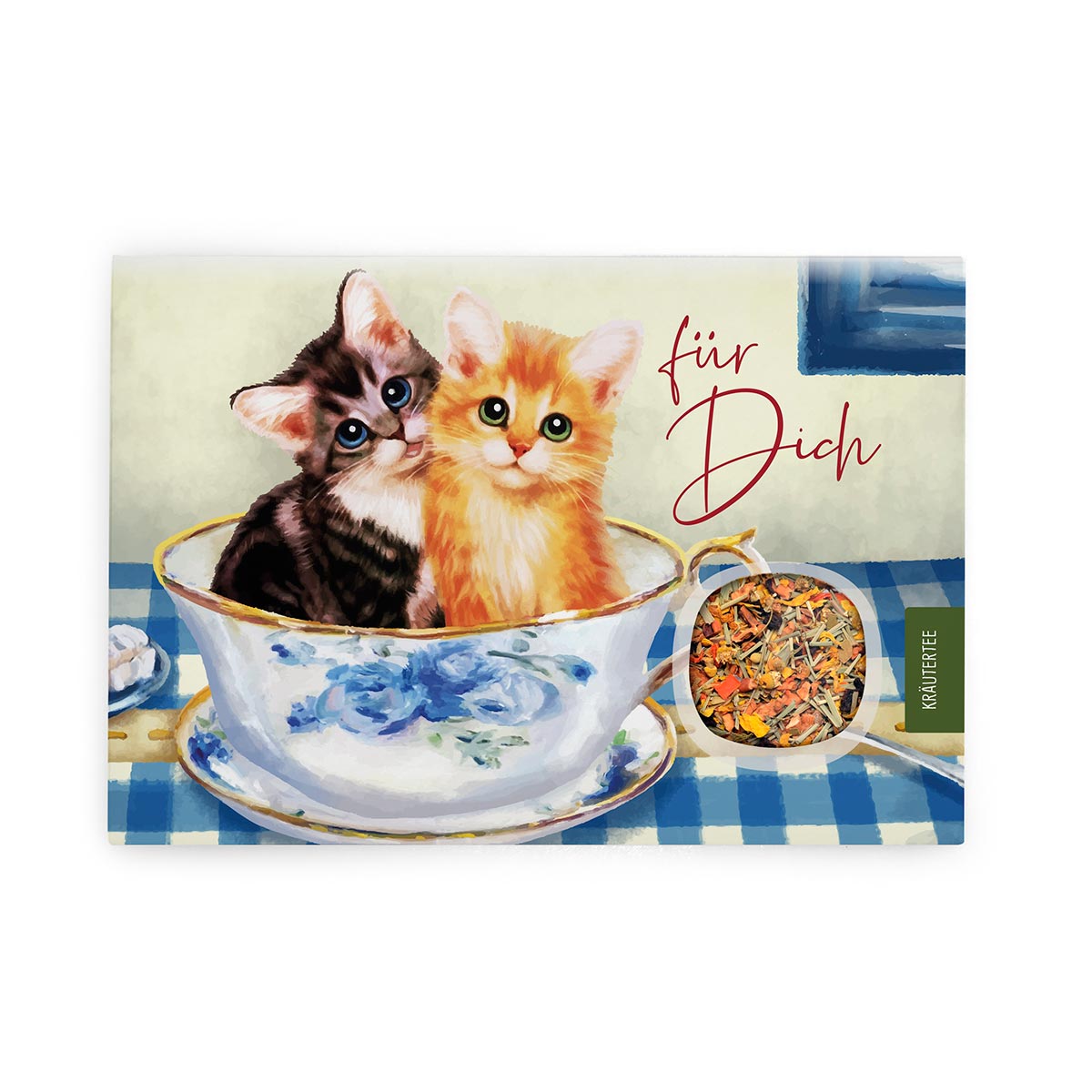 Für Dich – Grußkarte mit Katzenmotiv, Tasse & Kräutertee.