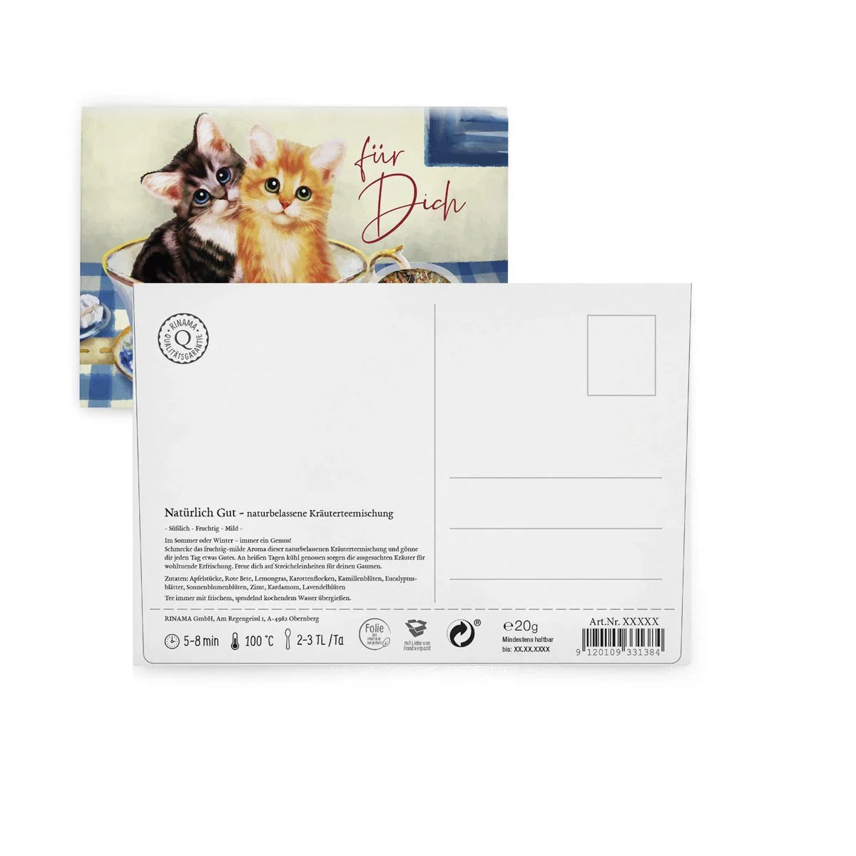 Für Dich – Grußkarte mit Katzenmotiv, Tasse & Kräutertee.