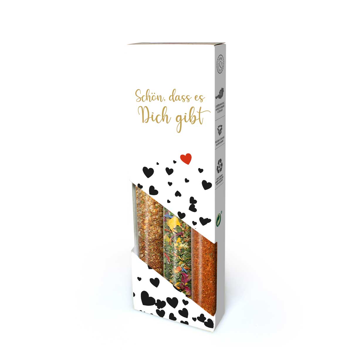 3er Set in Vitro – Schön, dass es Dich gibt: Ein Gewürzgruß mit Herz.